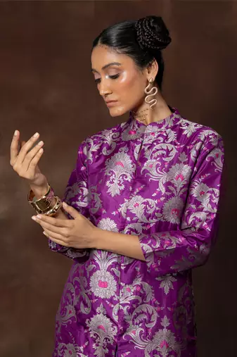 Purple banarsi brocade silk kurta set