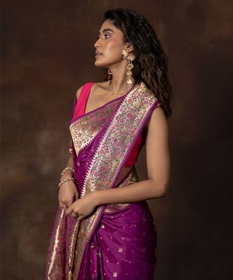 Purple hand woven banarsi silk brocade saree with running blouse 2