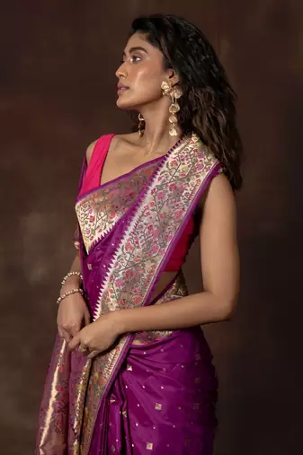 Purple hand woven banarsi silk brocade saree with running blouse