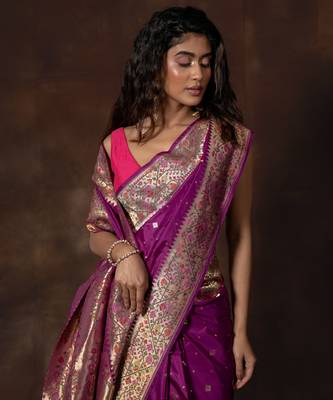 Purple hand woven banarsi silk brocade saree with running blouse 3