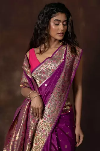 Purple hand woven banarsi silk brocade saree with running blouse