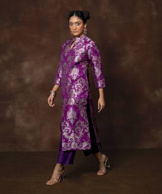 Purple banarsi brocade silk kurta set 3