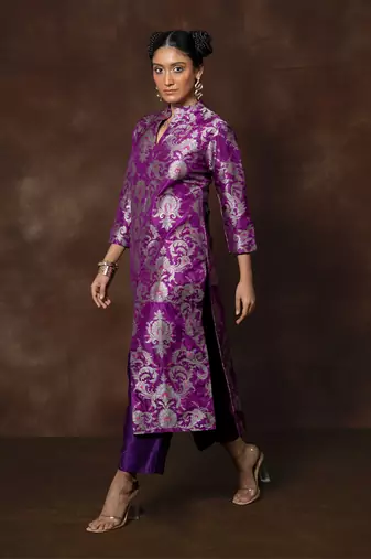 Purple banarsi brocade silk kurta set