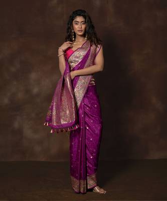 Purple hand woven banarsi silk brocade saree with running blouse 4