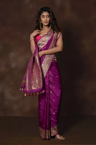Purple hand woven banarsi silk brocade saree with running blouse