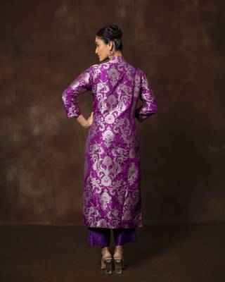 Purple banarsi brocade silk kurta set 4
