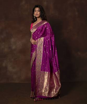 Purple hand woven banarsi silk brocade saree with running blouse 5