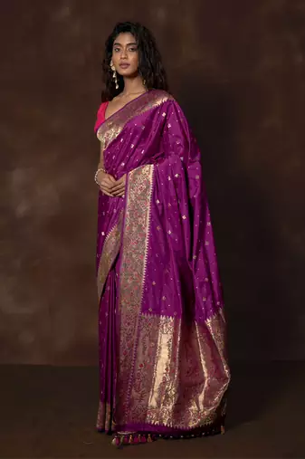 Purple hand woven banarsi silk brocade saree with running blouse