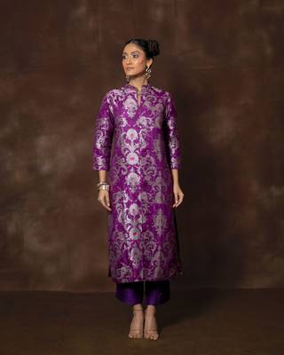 Purple banarsi brocade silk kurta set 5