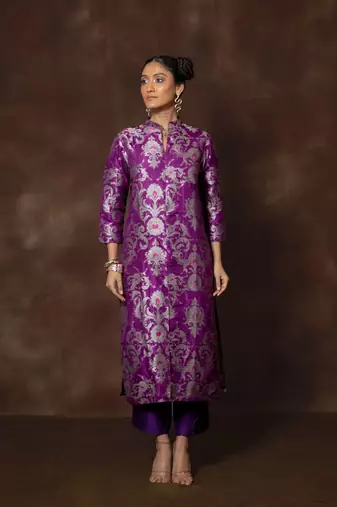 Purple banarsi brocade silk kurta set