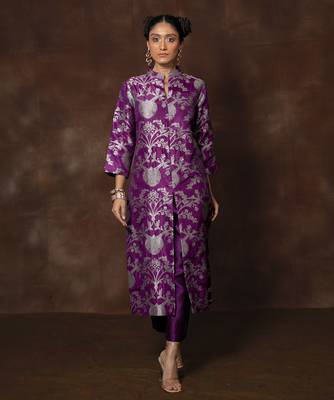 Purple banarsi brocade silk kurta set 1