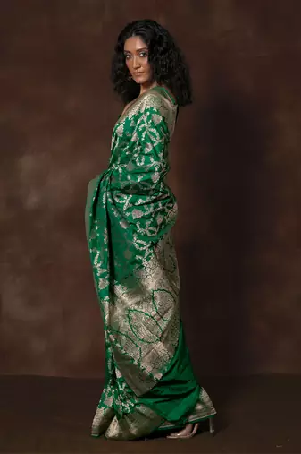 Green hand woven banarsi silk brocade saree with running blouse