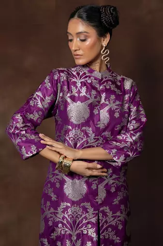Purple banarsi brocade silk kurta set