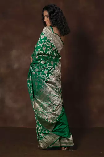 Green hand woven banarsi silk brocade saree with running blouse