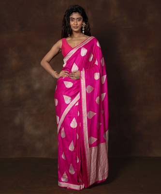 Pink hand woven banarsi silk brocade saree with running blouse 1