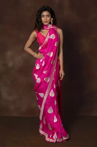 Pink hand woven banarsi silk brocade saree with running blouse