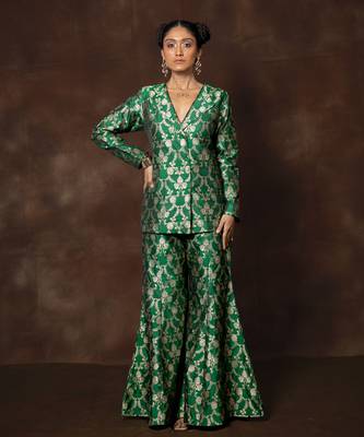Green banarsi silk blazer with gharara pant 1