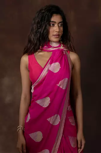 Pink hand woven banarsi silk brocade saree with running blouse
