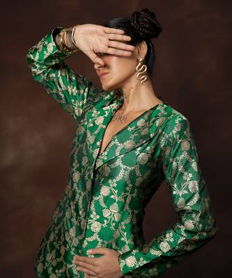 Green banarsi silk blazer with gharara pant 2