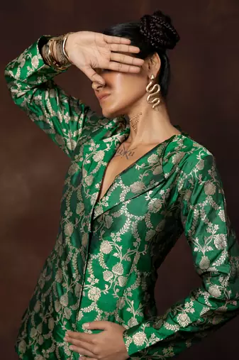 Green banarsi silk blazer with gharara pant
