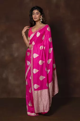 Pink hand woven banarsi silk brocade saree with running blouse