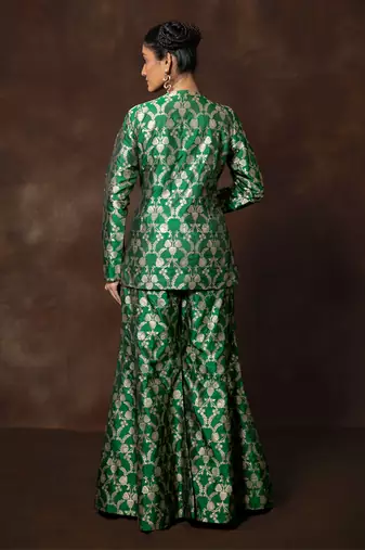 Green banarsi silk blazer with gharara pant