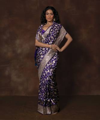 Blue hand woven banarsi silk brocade saree with running blouse 1