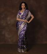 Blue hand woven banarsi silk brocade saree with running blouse