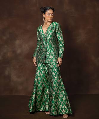 Green banarsi silk blazer with gharara pant 4