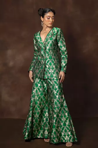 Green banarsi silk blazer with gharara pant