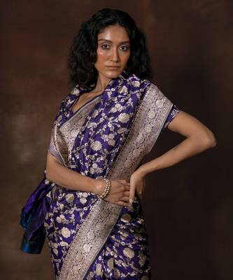 Blue hand woven banarsi silk brocade saree with running blouse 2