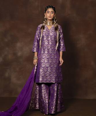 Purple banarsi brocade silk kurta with gharara and organza duppatta 1