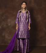 Purple banarsi brocade silk kurta with gharara and organza duppatta