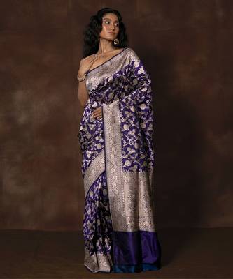 Blue hand woven banarsi silk brocade saree with running blouse 3