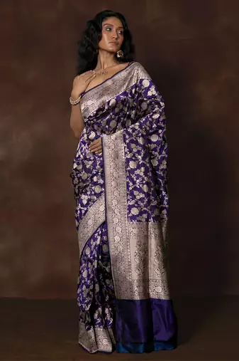 Blue hand woven banarsi silk brocade saree with running blouse