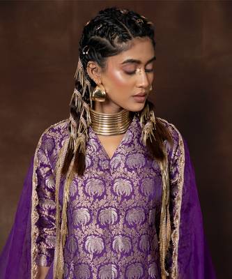 Purple banarsi brocade silk kurta with gharara and organza duppatta 2
