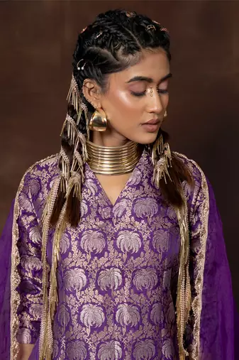 Purple banarsi brocade silk kurta with gharara and organza duppatta
