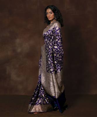 Blue hand woven banarsi silk brocade saree with running blouse 4
