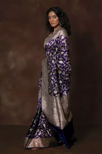 Blue hand woven banarsi silk brocade saree with running blouse