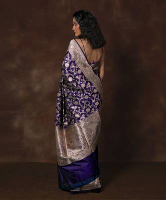 Blue hand woven banarsi silk brocade saree with running blouse 5