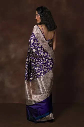 Blue hand woven banarsi silk brocade saree with running blouse
