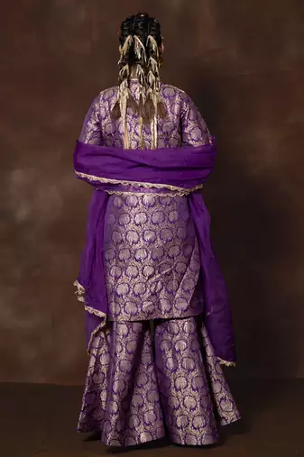 Purple banarsi brocade silk kurta with gharara and organza duppatta