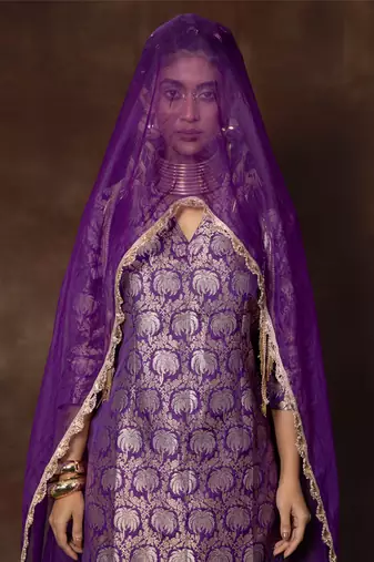 Purple banarsi brocade silk kurta with gharara and organza duppatta