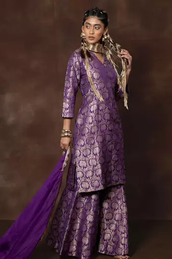 Purple banarsi brocade silk kurta with gharara and organza duppatta
