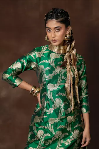 Green banarsi brocade silk kurta set