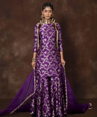 Purple banarsi silk sharara set with organza duppatta 1
