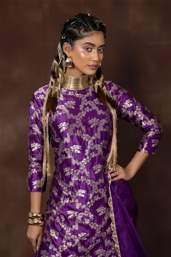 Purple banarsi silk sharara set with organza duppatta