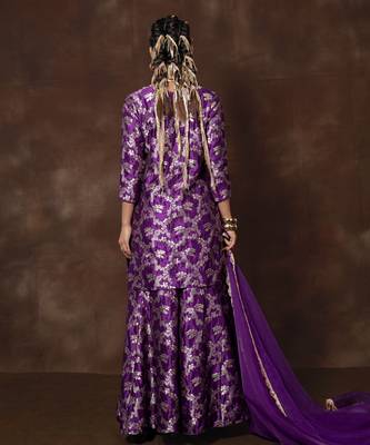 Purple banarsi silk sharara set with organza duppatta 3