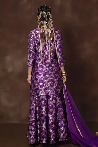 Purple banarsi silk sharara set with organza duppatta