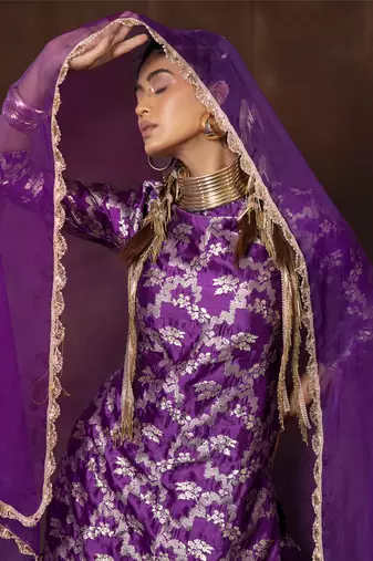 Purple banarsi silk sharara set with organza duppatta